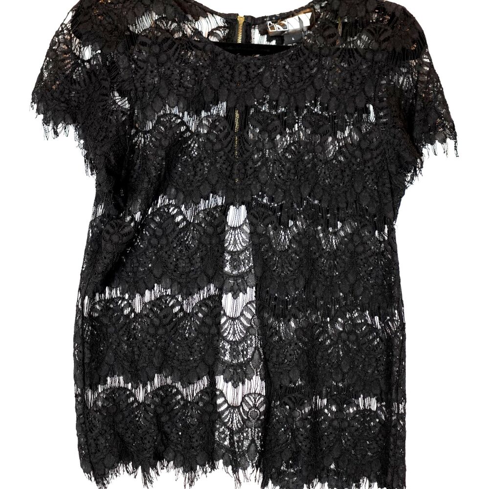 Y2k Eyelash Lace Crochet Top INNY Black Blouse L Grunge Fringed Open Back Boho